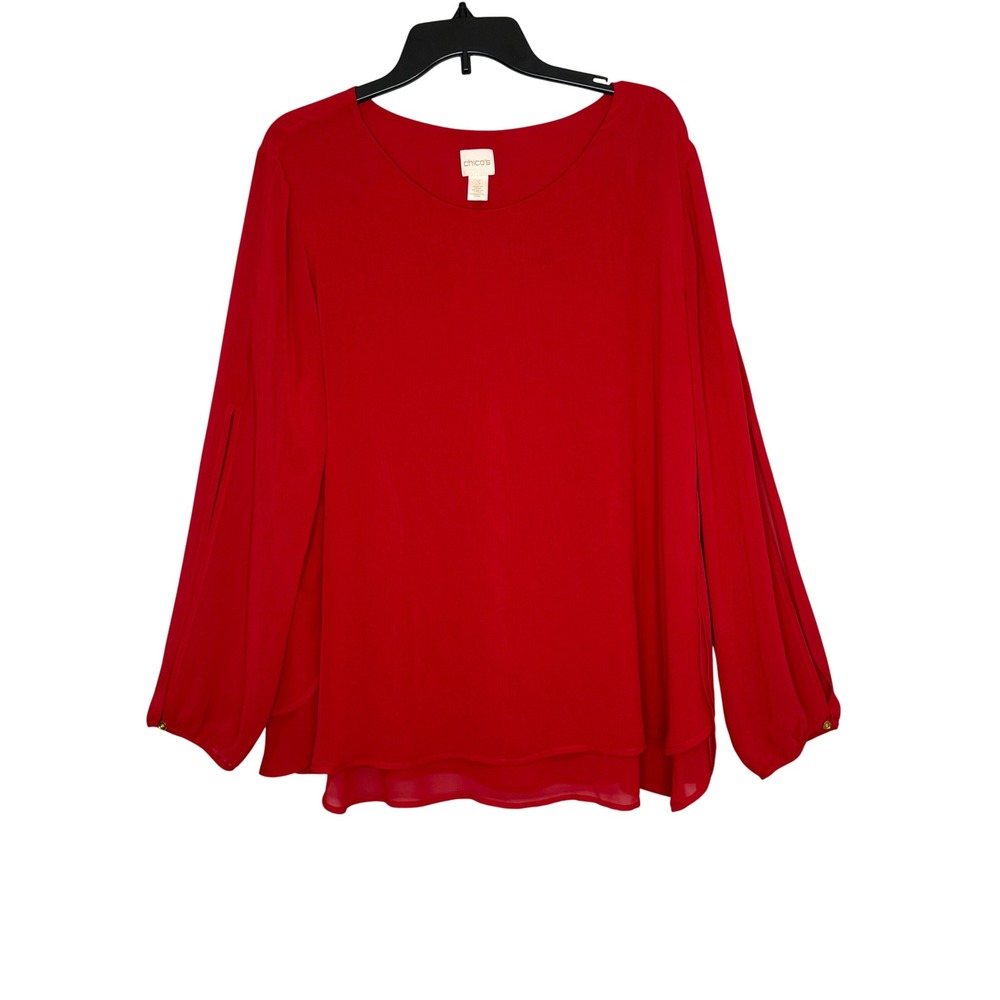 Chico's Red Layered Blouse Size 3 (US XL) Sheer Slit Sleeve Gold Button Holiday
